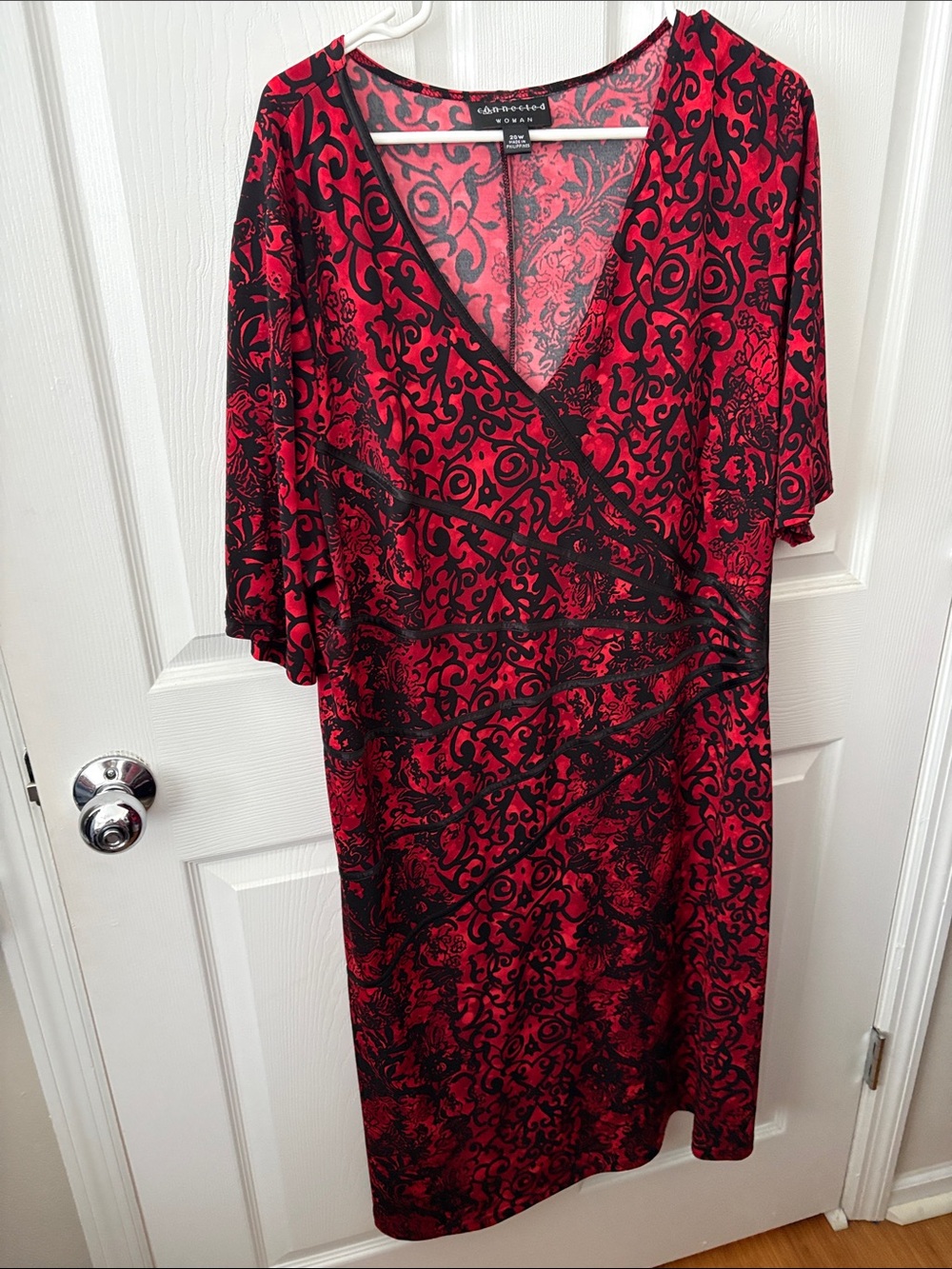 Apostrophe Red and Black Faux-Wrap Dress with Scroll Print